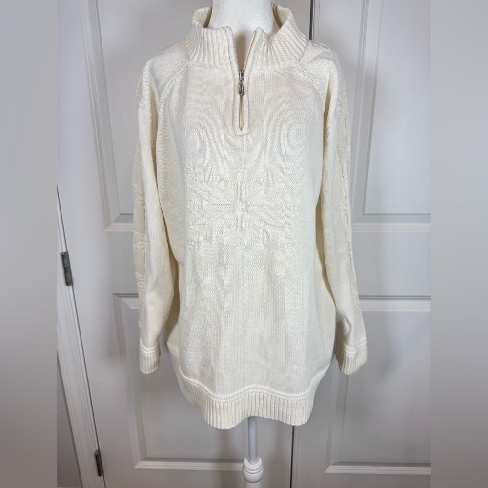 CJ Banks 3X Plus Size Snowflake Sweater 100% Cotton Quarter Zip Ivory Holiday